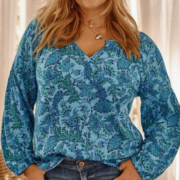 J.Jill $69 Med Blue Lagoon Teal Floral Printed Smocked Cotton Tencel Modal Top - Picture 1 of 11
